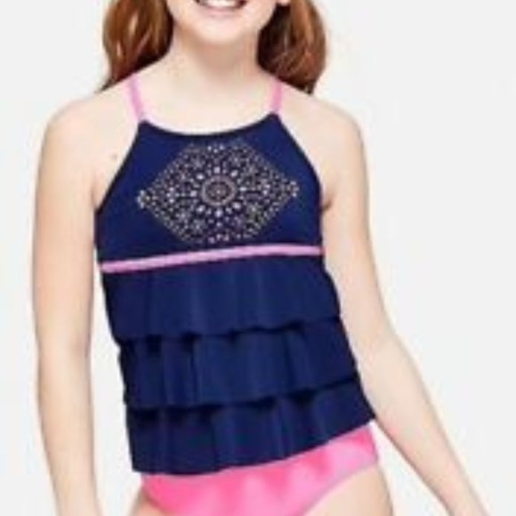 Pink & Blue 2 Pcs Justice Tankini Swimsuit Size 10 - Picture 1 of 13